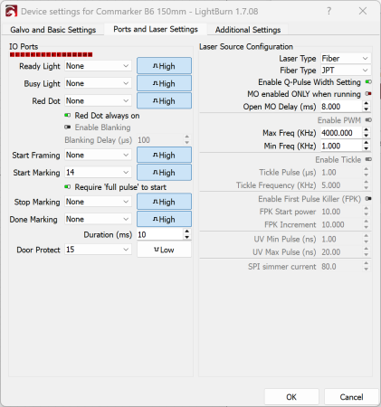 Port- und Lasereinstellungen